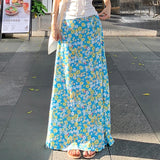Vevesc  Boho Chic Floral Print Cotton Maxi Skirt Women Y2K Streetwear Lace-up A-line Long Skirt Korean Fashion Holiday Style