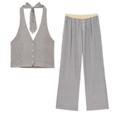 Vevesc  New Women's Casual Elegant Modern European and American Retro Style Hanging Neck Tank Top&Pants Set
