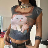 Vevesc Y2k Aesthetic Vintage Kawaii Cat Print Crop Top Japanese Sexy Streetwear Women T-shirt Slash Neck Slim Harajuku Tee Shirts Femme