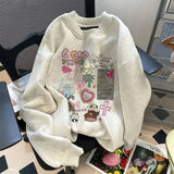 Vevesc American Letter Kawaii Print Vintage O Neck Loose Hoodies Fleece Women Long Sleeve Gray Sweatshirts Harajuku Y2k Sudaderas