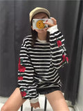 Vevesc  Harajuku Hoodies Roses Embroidery Lantern Sleeve Loose Striped Women Sweatshirt Girl Vintage Elegant Casual Tops