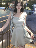 Vevesc Summer Backless Elegant Fairy Mini Dress Women Korean Fashion Strap Party Dess Female Ruffle Flounce Vintage Designer Dress