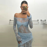 Vevesc  Women's Lace Long Dress Fashion Sexy One Shoulder Long Sleeve Patchwork Slim Dress Summer Party Club Holiday Dresses Y2k