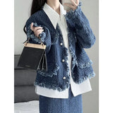 Vevesc Elegant Fashion Long Sleeve Denim Coat Women+ Y2k High Waist Mid-length Loose Skirts 2024 Early Autumn New Two Piece Sets