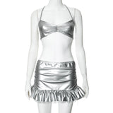 Vevesc Women 2 Two Piece Set Metallic Silver Outfits Sexy Corset Crop Top  Low Rise Ruffled Skinny Mini Skirt 2024 Summer