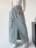 Vevesc Women A-line Denim Skirt Vintage Aesthetic Y2k Long Cowboy Skirt Harajuku Korean Jean Skirt with Slit 2000s Clothes