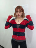 Vevesc Red Black Striped Cardigan Coat Women Waterproof Mink V-neck Knitted Tops Early Autumn Thin Long Sleeeve Sweaters Mujer