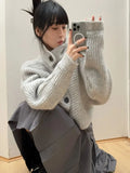 Vevesc Gray Turtleneck Knitted Cardigan Harajuku Korean Style Cropped Sweaters Gyaru Y2k Vintage Striped Loose Knitwears Basic