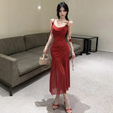 Vevesc  Sexy 3D Flowers Suspender Party Dress Women Sleeveless High Waist Slim Folds Mesh Mid Length Evening Dresses Elegant