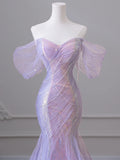 Vevesc  Purple Laser Sequin Beaded Mermaid Women Evening Dress with Puff Sleeves Tassel Pearls Tulle Train Prom Gown