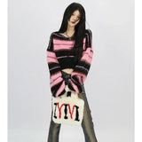 Vevesc Autumn Y2K New Korean Style Pink Cropped Sweater Women Striped Jumper Vintage Female Long Sleeve Crewneck Pullovers Tops