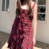 Vevesc Red Plaid Vintage Dresses Woman Sleeveless Korean Fashion Harajuku Preppy Dresses Pleated Short Dress Japanese Style Y2k