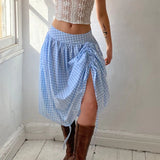 Vevesc Vintage High Waisted Drawstring Flowy Long Skirt Aesthetic Plaid Midi Skirt Summer Loose Fit Maxi Skirts Y2k Fairy Streetwear