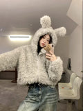 Vevesc New Lazy Fluffy Rabbit Ears Hoodie Coat Women Y2k Long Sleeve Zipper Tops Mujer Autumn Winter Thicked Warm Jackets