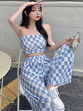 Vevesc New Summer Fashion Casual Plaid 2 Piece Set Women Strapless Crop Top + Wide Leg Pants Suits Female Sexy Outfits For Woman