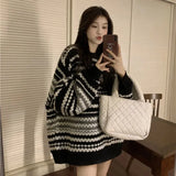 Vevesc Autumn Oversized Striped Knitted Sweater Women Vintage Streetwear Loose Long Sleeve Pullover Harajuku Casual O Neck Midi Jumper