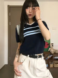 Vevesc Preppy Knitted Striped Crop Top Women Summer Chic Y2k Aesthetic Tee Shirts Harajuku Streetwear Turn Down Collar Tshirts Femme