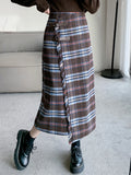 Vevesc French Vintage Long Skirts for Women Autumn Winter High Waist Plaid Raw Edge Irregular Skirt  Slim Fit Elegant Design Clothing