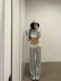 Vevesc Korean Long Sleeve Hoodie Knitted Coat Women+ Y2k Grunge High Waist Loose Wide Leg Pants 2024 Spring New Two Piece Sets