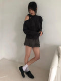 Vevesc Y2k Aesthetic Solid Vintage Shirts Harajuku Scarf Collar Grunge Loose T-shirt Women Streetwear Show One Shoulder Autumn Tees