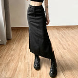 Vevesc Women Midi Skirts Goth Dark Grunge Casual Tag Split Mall Gothic Punk High Raise Slim Long Skirt Y2k Sexy Fashion Streetwear