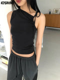 Vevesc Korean Sexy Solid Bandage Pleated Tanks Women Drawstring Vintage Harajuku Crop Top Streetwear Y2k Aesthetic Casual Tank Vests