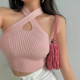 Vevesc Women Y2K Black Halter Tops Female Knitted Tank Tops Solid Sexy Tops Women Off Shoulder Crop Tops for Women Summer