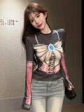 Vevesc Y2k Aesthetic Vintage Bow Print Tees 2025 Spring Slim Streetwear Contrast Color Tshirts Women Harajuku Grunge Crop Mesh Tops
