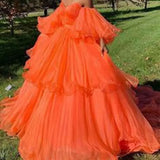 Vevesc Chic Fire Orange Tiered Organza Evening Dresses Prom Gowns With Puff Full Sleeves Off The Shoulder Party Dress Vestido Formatura