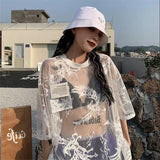 Vevesc Oversize Short Sleeve Loose Tops Women Summer Sexy Lace See Through Mesh T-shirts Y2k E-Girl O-neck Mid-length Blusas Mujer