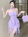 Vevesc Summer Purple Sexy Elegant Dress Women Backless Korean Style party mini Dress Female Ruffle Flounce Designer Vintage Dress