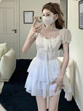 Vevesc White Sweet Kawaii Two Piece Set Women Bodycon Sexy Party Dress Set Female Korean Fashion Elegant Princess Dress Suit New