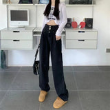 Vevesc High Waist Women Wide Leg Jeans Autumn Winter Black Gray Breasted Loose All Match Straight Trousers Y2K Streetwear Denim Pants