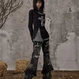 Vevesc Y2k Aesthetic American Spliced Lrregular Shirts Harajuku Striped Japanese Clothes Spring Autumn Side Zip Up Split Design Tops