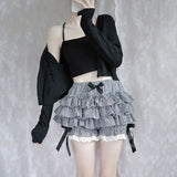 Vevesc Japanese Lolita Gray Plaid Ruched Cake Skirts Y2k E-Girl High Waist Bow Shorts 2024 Summer New Korean Fashion Clothing