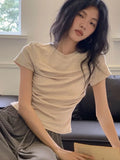 Vevesc Fairy Grunge Pleated Solid Vintage T-shirt Summer Y2k Aesthetic Short Sleeve Crop Tops Harajuku Slim Tshirt New Streetwear