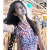 Vevesc Elegant Vintage Flower Print Halter Vest for Women Y2k E-Girl O-neck Slim Fit Tank Top Summer New Sleeveless Tops Mujer