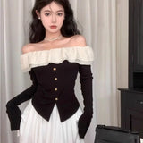 Vevesc Elegant Off Shoulder Ruffles Tops Mujer Early Autumn New T-shirt for Women Y2k E-Girl Slim Fit Long Sleeve Tee Shirt