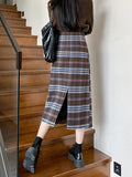 Vevesc French Vintage Long Skirts for Women Autumn Winter High Waist Plaid Raw Edge Irregular Skirt  Slim Fit Elegant Design Clothing