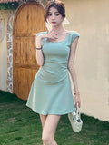 Vevesc  Women Green Knitted Short Sleeve O-Neck Mini Dress Summer Pleated Bodycon Hip Wrap Dress 2025 Korean Fashion Casual Party Dress