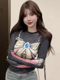 Vevesc Y2k Aesthetic Vintage Bow Print Tees 2025 Spring Slim Streetwear Contrast Color Tshirts Women Harajuku Grunge Crop Mesh Tops