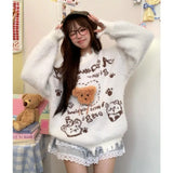 Vevesc Bear Cartoon Print American Vintage Mink Cashmere Letter Pullovers O Neck Long Sleeve Y2K Sweaters Women Sueter Mujer Knitted