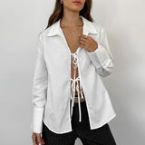 Vevesc Hollow Out Lace Up White Cotton Linen Shirt Women's Long Sleeve Loose Casual Sexy Lapel Cardigan Top Female Summer new