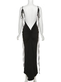 Vevesc Spaghetti Strap Backless Ruched Maxi Dress For Women Robe Sleeveless Wrap Hip Bodycon Party Long Dress Vestidos