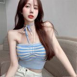 Vevesc Sexy One Shoulder Crop Top Women Sleeveless Plaid Knitted Tank Top Summer Blue Short Tanks Irregular Camis