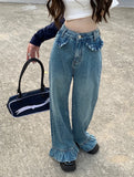 Vevesc Gothic High Waist Denim Pants Women Chic Ruffles Ruffle Hem Jeans Wide Leg   Female  Kawaii Y2K Straight Trousers