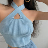 Vevesc Women Y2K Black Halter Tops Female Knitted Tank Tops Solid Sexy Tops Women Off Shoulder Crop Tops for Women Summer