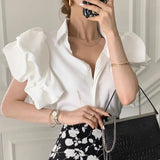 Vevesc Fashion Lapel Neck Single Breasted Blouses Summer New White Shirts Women Y2k Grunge Puff Sleeve Slim Fit Blusas Mujer