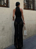 Vevesc  See Through Mesh Patchwork Dress Women Tassel Solid Sheath Y2K Casual Summer Trend Midnight Sexy Clubwear Party Vestidos