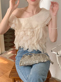 Vevesc S-M Apricot Blouses Ruffles Daily Summer Gentle Skew Collar Tank Tops Slim New Elegant Office Lady Chic Solid